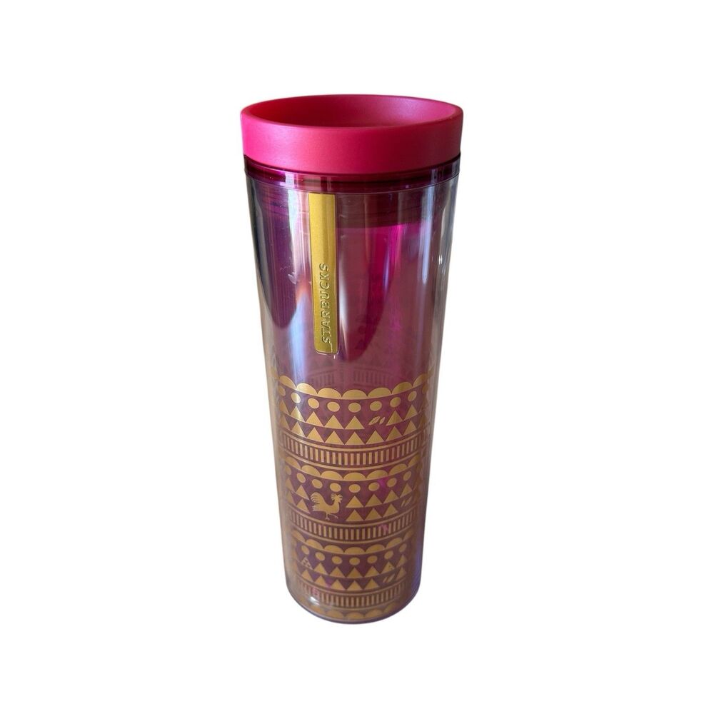 Starbucks Rooster Pattern Purple Lunar New Year Acrylic Tumbler Water Bottle NEW